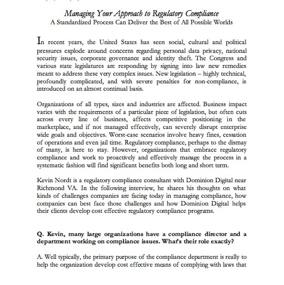 Writing Sample :     Dominion Digital - Regulatory Compliance Concept Paper
